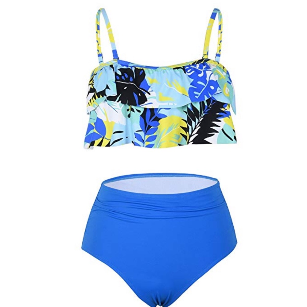 NWT ROCOROSE BLUE LEAF TIERED TANKINI MEDIUM